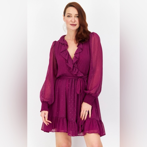 NWT Taylor Women’s Metallic Surplice V-Neck Long Sleeve Ruffled Trim Mini Dress - Picture 12 of 14